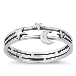 925 Sterling Silver Layered Moon and Stars Ring